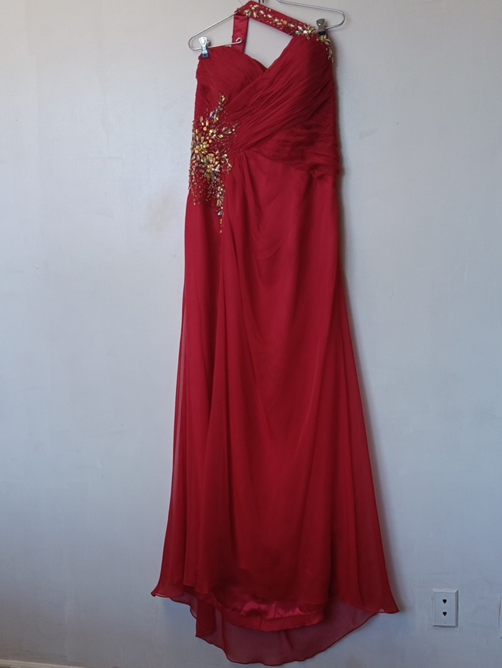 Red One-Shoulder Maxi Dress with Beaded Waist Detail